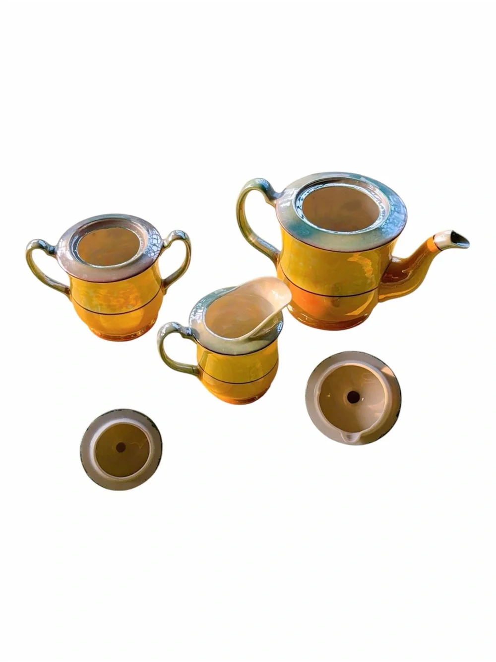 Vintage hand painted Japan lusterware tea set teapot,sugar y creamer bird floral